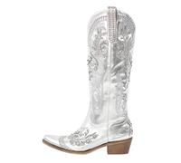 DASJKDI Botas vaqueras blancas bordadas con punta puntiaguda for mujer, botines de vaquera tacón bloque y sin cordones para Fiesta y(Color1,14)