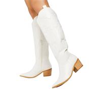 DASJKDI Botas vaqueras vintage hasta la rodilla, negras, estilo western, con cremallera, blancas, talla grande 43 para Fiesta y(White with zipper,35)