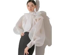 DASJKDI Knot Bubble Sve Irt Women's Chiffon See-Tough Top Long Stan para Atuendo Casual Diario(White in Stock,M)