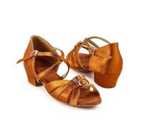 DASJKDI Zapatos de baile latino for niñas, tacón bajo, negros, marrones y blancos, con suela piel satén, for bailar tango para Mujer Salsa Tango Moderna Bachata(Brown,31)