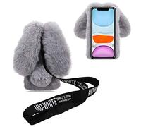 DasKAn Funda para iPod Touch 5/6/7 con orejas de conejo 3D, con correa para el cuello extraíble, cálida para invierno, hecha a mano, brillante, resistente a los golpes, color gris claro