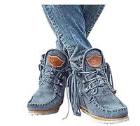 Dasongff Bota Santiag Mujer Western Cowboy Santiags con flequillo Vintage Botas indias Tacón plano con borla Punta redonda Ankle Boots Elegante Slip-on Vaquera Retro Botas Clásicas Tobillo, A1 azul