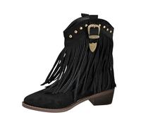 Dasongff - Botas de vaquero para mujer, botas de piel sintética con flecos y hebilla de tacón bajo, botas con pompones Knight, Z Negro, 38 EU