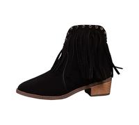 Dasongff Botas de vaquero para mujer de piel sintética con flecos y hebilla de tacón bajo, botas con pompones Knight, Negro , 41 EU