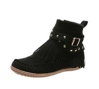 Dasongff - Botines retro con punta redonda con flecos y hebilla de tacón bajo de piel sintética de gamuza sintética con flecos, botas Santiag Cowboy para mujer, zapatos bajos con pompones Knight