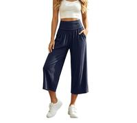 Dasongff Coral Foldover Pants Pantalón Capri Ancho con Bolsillos para Mujer de Talle Alto, Estiramiento 3/4 Pantalones Cortados Elegantes e Casuales para Diario, Yoga Opaco, Fitness, azul marino, L
