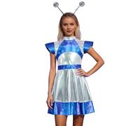 Dasongff - Disfraz alienígena para mujer, vestido de patinaje artístico para mujer, metalizado, brillante para disfraces extranjeros, con guantes de manga y diadema extraterrestre para Halloween