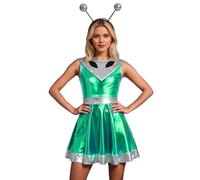 Dasongff - Disfraz alienígena para mujer, vestido de patinaje artístico para mujer, metalizado, brillante para disfraces extranjeros, con guantes de manga y diadema extraterrestre para Halloween