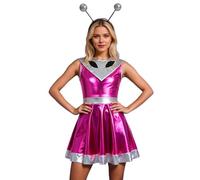 Dasongff - Disfraz alienígena para mujer, vestido de patinaje artístico para mujer, metalizado, brillante para disfraces extranjeros, con guantes de manga y diadema extraterrestre para Halloween