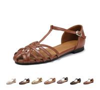 Dasongff Sandalias Mujer Verano Cómodo Desnudo Pies T-Strap Brida Elástica Tobillo Punta Cerrado Zapato Playa Rhinestone Cristal Floral Casual Zapatos para uso diario, marrón, 42 EU