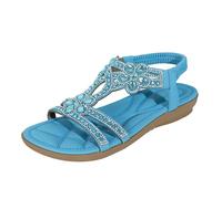 Dasongff Sandalias Mujeres Vestidas Verano Plano Rhinestone Flor Cuero Bohemia Sandalias T-Correa Elástica De Tobillo Punta Abierta Zapatos De Playa De Cristal Floral Casual Zapatos, azul, 42 EU