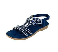 Dasongff Sandalias Mujeres Vestidas Verano Plano Rhinestone Flor Cuero Bohemia Sandalias T-Correa Elástica De Tobillo Punta Abierta Zapatos De Playa De Cristal Floral Casual Zapatos, azul marino, 39
