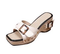 Dasongff - Sandalias para mujer, con tacón de bloque mulas, sandalias de piscina, diseño de vaca, claquetas de verano con tachuelas decorativas, blanco, 39 EU