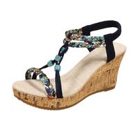 Dasongff - Sandalias para mujer, diseño de pedrería, estilo bohemio, con perlas y zapatos ortopédicos, cómodas, antideslizantes, plataforma con tacón de bloque chic barato, chanclas de playa, Negro 2