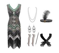 Dasongff - Vestido de Gatsby para mujer, año 20, disfraz de año 20, vestido Charleston Gatsby con lentejuelas con perlas y flecos, accesorio vintage de mafia baja rejilla lentejuelas traje traje traje