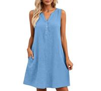Dasongff - Vestido para mujer, elegante, con cuello en V, sin mangas, vestidos de verano, playa, con bolsillos, camisa, de lino, casual, fluido, vestido largo para mujer, verano y lino, una línea