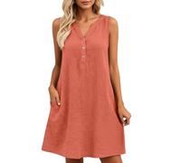 Dasongff - Vestido para mujer, elegante, con cuello en V, sin mangas, vestidos de verano, playa, con bolsillos, camisa, de lino, casual, fluido, vestido largo para mujer, verano y lino, una línea