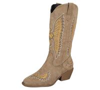 Dasongff Women's Square Toe Cowboy Vaquera Boots Pull On Low Chunky Heel Mid Calf Western Boots with Embroidered Stitched for Theme Party Country Concierto, caqui, 36 EU