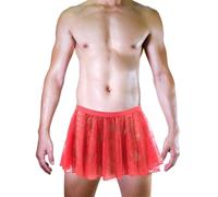 DASONLUE Bragas sexy para hombre Sissy Knickers Slip Stretch Cintura baja Encaje Falda plana grande Encaje Transparente Vestido caliente Kilt Lencería Erótica de Tul Mini Falda Tanga, rojo, Talla