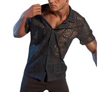 DASONLUE Camisa de encaje para hombre, camisa informal de encaje, camisa de verano, informal, camisa de verano, camisa de manga corta, corte hacia fuera, parte superior muscular, netshir, discoteca