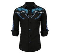 DASONLUE Camisa occidental de manga larga para hombre con bordado bordado retro vintage, corte regular, para carnaval, fiesta temática, aspecto occidental, camisa de fiesta, country festival, O negro2