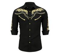 DASONLUE Camisa occidental de manga larga para hombre con bordado bordado retro vintage, corte regular, para carnaval, fiesta temática, aspecto occidental, camisa de fiesta, country festival, O negro3