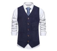 DASONLUE Chaleco de pana para hombre, diseño occidental, corte ajustado, sin mangas, cuello en V, con múltiples bolsillos, moda Gilet clásico, ropa de trabajo para bodas, fiestas, ocio, negocios, azul