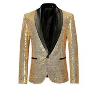 DASONLUE Chaqueta blazer con lentejuelas brillantes para hombre, con lentejuelas, corte ajustado, color de contraste, chaqueta blazer deportiva brillante para baile de graduación, dorado, XL