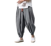 DASONLUE Pantalones de lino para hombre, pantalones de ocio, holgados, pantalones de joggy, pantalones de verano, ligeros, anchos, bombachos, pantalones de Aladino, con cordón, Y2K, hippie, ropa de