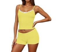 DASONLUE Pijama de verano para mujer, conjunto de pijama de 2 piezas, tirantes finos, cami top con encaje, pantalones cortos sin mangas, sexy, elegante, ropa de dormir para casa y dormir, O amarillo