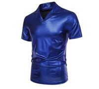 DASONLUE Polo Shirts Herren Brillante Metallic Glitzer Shirt Metallic Tshirt Party Disco Outfit T Shirt Roundhals Muskelshirt Unterhemd Unterhemd 70er 80er Jahre Faschingskostüme Freizeithirt, azul, L