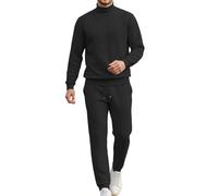 DASONLUE Traje de punto para hombre, jacquard, monocolor, con patrón trenzado, 2 piezas, cuello alto y pantalones de chándal, ajuste normal, chándal cómodo, Negro , L