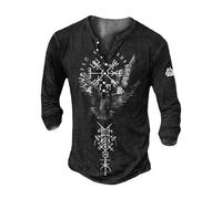 DASONLUE Vikingo T Shirts Herren 3D Druck Düsterem Totenkopf Mittelalter Oberteil mit Knöpfen Langarmshirt Longshirt Retro Motorrad Pullover Tops Sommershirts Freizeithemden Gym Workouthemd, Negro