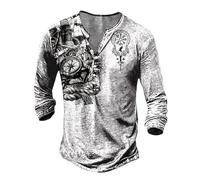 DASONLUE Vikingo T Shirts Herren 3D Druck Düsterem Totenkopf Mittelalter Oberteil mit Knöpfen Langarmshirt Longshirt Retro Motorrad Pullover Tops Sommershirts Freizeithemden Gym Workouthemd, gris