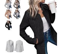 Datebacko Women's Solid Color Pocket Long Sleeve Open Front Coat, Slim Fit Business Casual Work Twill Blazer (#1,S)