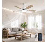 DATO 108 cm Ventilador de Techo con luz lilencioso,5 aspas de madera, 3 temperaturas de color, función de temporizador, ideal para dormitorios y salones. (Blanco, 108 cm)