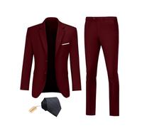 Datysum Traje de 2 Piezas para Hombre de Esmoquin y Baile de graduación, Traje Ajustado con Dos Botones, Vestido de Boda, Chaqueta y Pantalones con Corbata, Borgoña, Medium