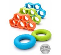 Daunke Juego de 5 entrenadores para antebrazos y dedos, silicona resistente a desgarros, con 3 bandas de resistencia para dedos y 2 anillos de entrenamiento de mano, entrenamiento de fuerza de agarre