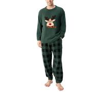 DAVID ARCHY Conjunto de pijama para hombre de forro polar ultrasuave, ligero y transpirable, ropa de dormir de manga larga con bolsillos, Verde - Alce navideño, Large