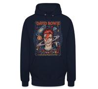 David Bowie: Sudadera con capucha unisex de viaje cósmico por sonido y | Descubre el mundo creativo de David Bowie con esta ilustración única que combina música y cosmos.