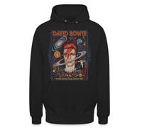 David Bowie: Sudadera con capucha unisex de viaje cósmico por sonido y | Descubre el mundo creativo de David Bowie con esta ilustración única que combina música y cosmos.