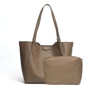 David Jones - Bolso de Hombro Mujer - Bolso de Mano Piel Sintética Suave - Tote Shopper Gran Capacidad A4 Cuero PU - Bolsos Compras Trabajo Asas Largas - 2 Piezas con Embrague - Marrón Topo