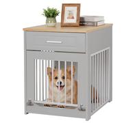 DAWNYIELD Jaula para Perros Pequeños, Mueble Estilo Casa de Madera con Puerta Abatible con Cerradura y Cajón, Corralito Interior para Cachorros Que Sirve como Mesita Auxiliar, Gris