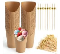 DAWRIS 50 Vasos De Papel De Estraza de 12 oz con 200 Palitos Brochetas de Madera, Cajas Para Papas Fritas De Papel Kraft, Vasos De CartóN Para Alimentos para Waffles, Palomitas de Maíz, Para Fiestas