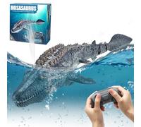 DAWRIS Mosasaurus - Barco teledirigido de 2,4 GHz, resistente al agua, para niños a partir de 6, RC Uboot teledirigido con luz LED y pulverización, doble hélice, juguete para piscina, pond, baño