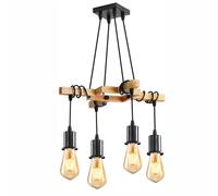 DAXGD Lámpara Colgante 4 Luces, Industrial E27 Lámpara de Techo de Madera, Negro Luz de Techo Regulable para Cocina,Comedor,Dormitorio,Restaurante (Sin Bombills)