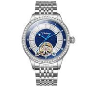 DAXIAOYU Elegante reloj mecánico automático Tourbillon hueco para hombre, esfera azul, luminoso, impermeable, acero inoxidable, reloj de pulsera de negocios, Azul plateado, Lujo