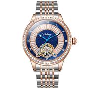 DAXIAOYU Elegante reloj mecánico automático Tourbillon hueco para hombre, esfera azul, luminoso, impermeable, acero inoxidable, reloj de pulsera de negocios, Oro Rosa, Lujo