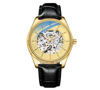 DAXIAOYU Golden Vintage Skeleton - Reloj cronógrafo para hombre, mecánico, automático, de cuero, clásico, impermeable, deportivo, para hombre, Dorado, Lujoso