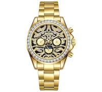 DAXIAOYU Personality - Relojes mecánicos totalmente automáticos para hombre, multifuncional, fases lunares estrelladas y calendario de semana, reloj de pulsera impermeable de acero inoxidable dorado,